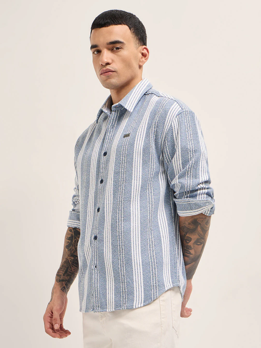 Blue and White Vertical Striped Relaxed Fit Overshirt - Image 3