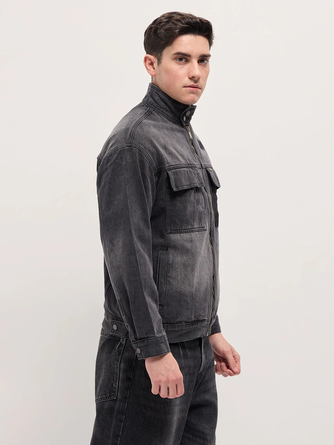 Charcoal Grey Denim Jacket with Mock Collar and Multiple Pockets - Image 3