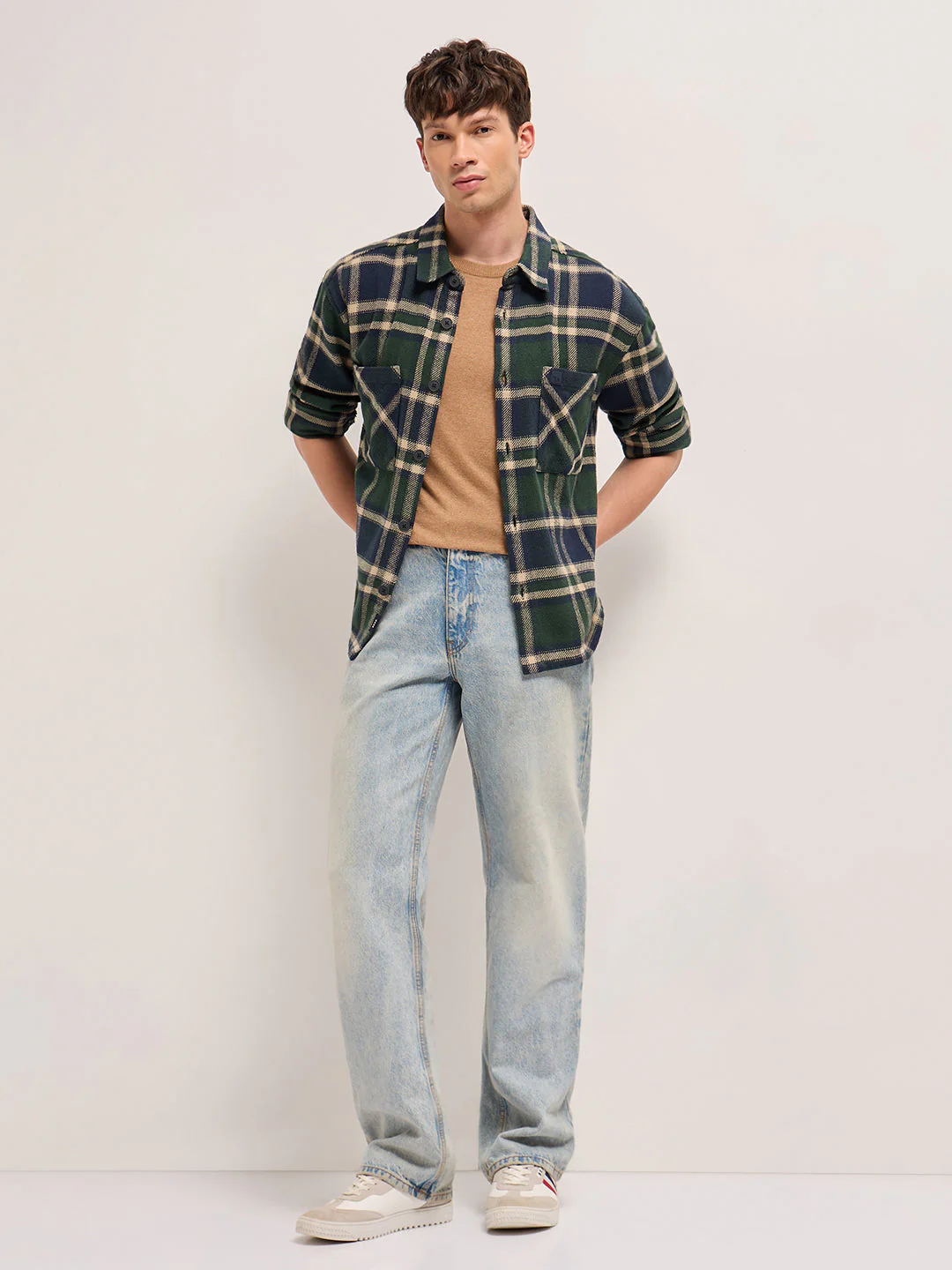 Green Checkered Relaxed Fit Cotton Shacket with Dual Patch Pockets - Image 4