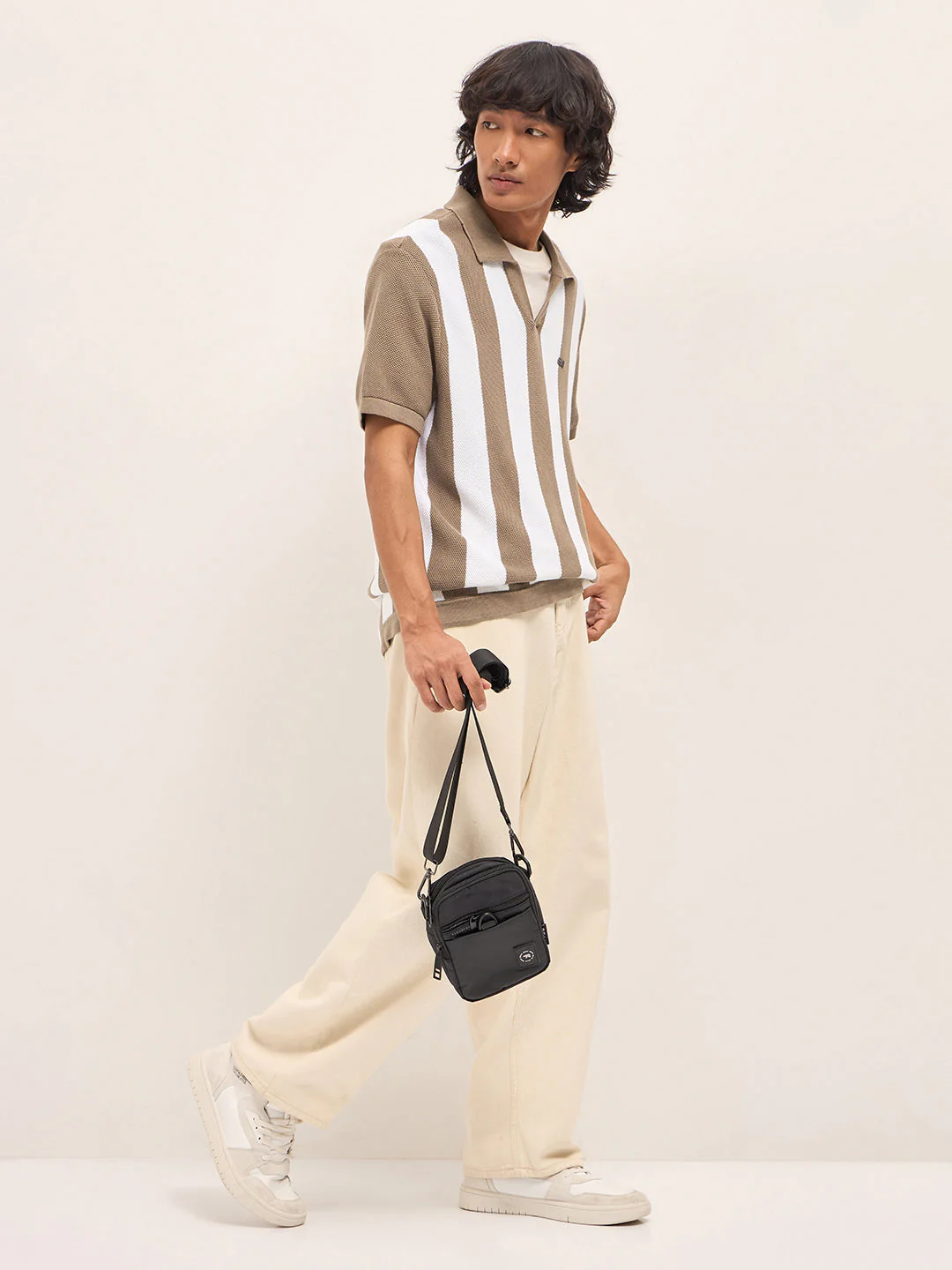 Brown and White Bold Vertical Stripe Knit Regular Fit Polo - Image 4