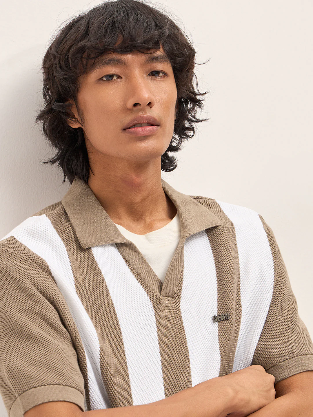 Brown and White Bold Vertical Stripe Knit Regular Fit Polo - Image 5