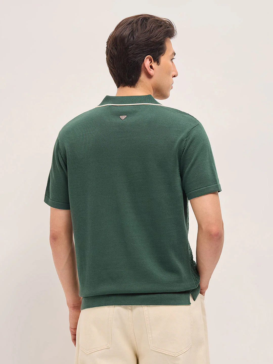 Green Regular Fit Textured Flat Knit Polo - Image 2