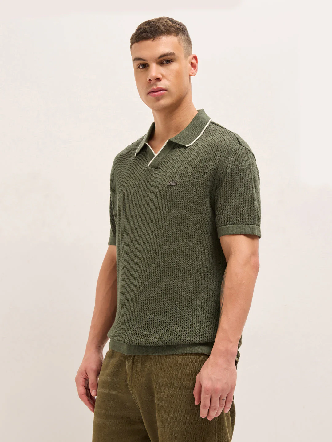 Olive Relaxed Fit Mesh Textured Flat Knit Polo with Transparent Effect - Image 3