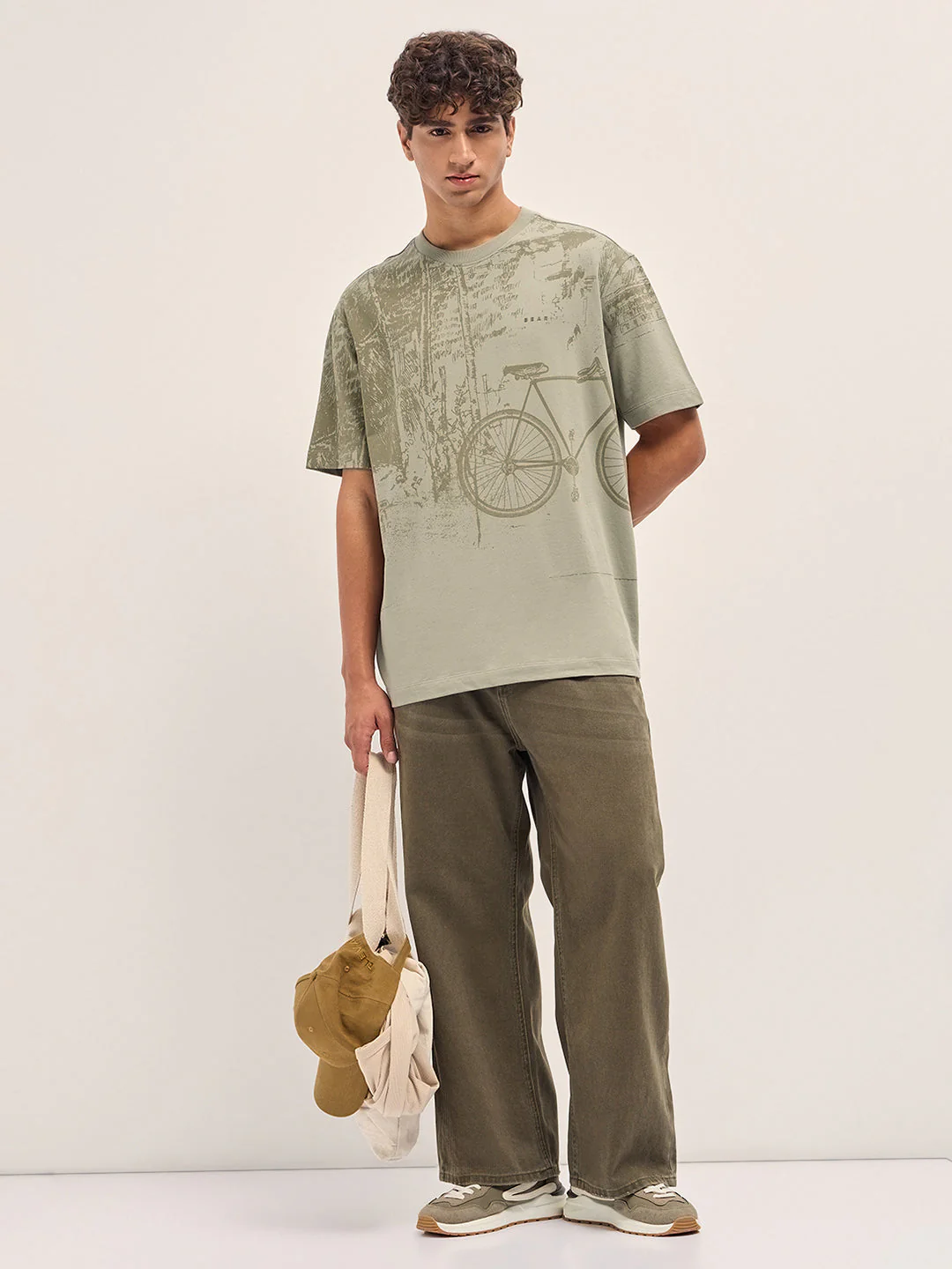 Beige Crew Neck T-Shirt with Abstract Bicycle Graphic Print - Image 4