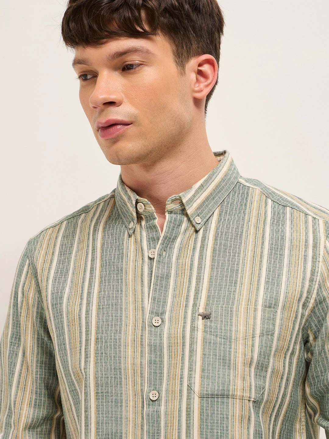 Multicolor Slim Fit Woven Vertical Striped Cotton Casual Shirt - Image 5