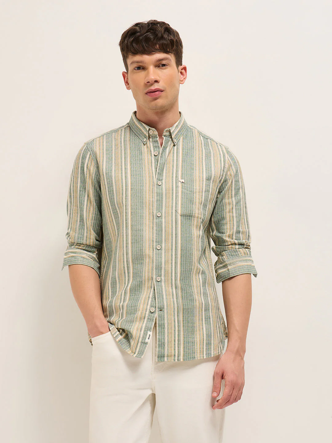 Multicolor Slim Fit Woven Vertical Striped Cotton Casual Shirt - Image 6