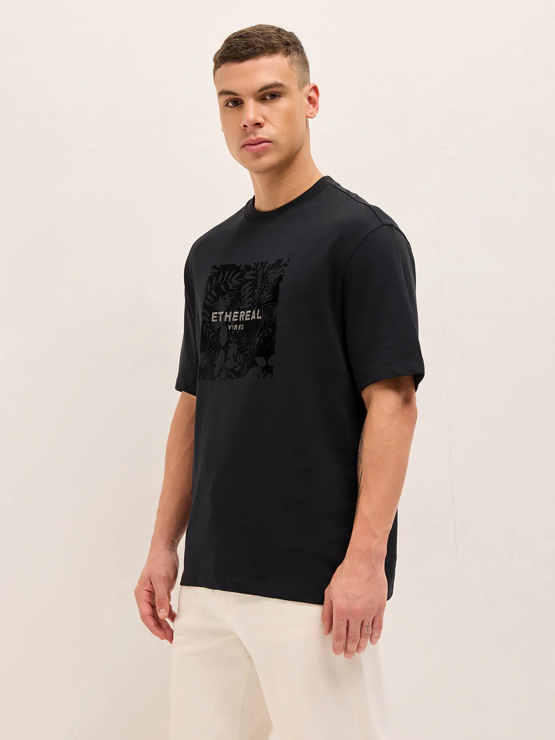 Black Relax Fit Crew Neck T-Shirt with Ethereal Vibes Leaf Graphic Print - Image 3