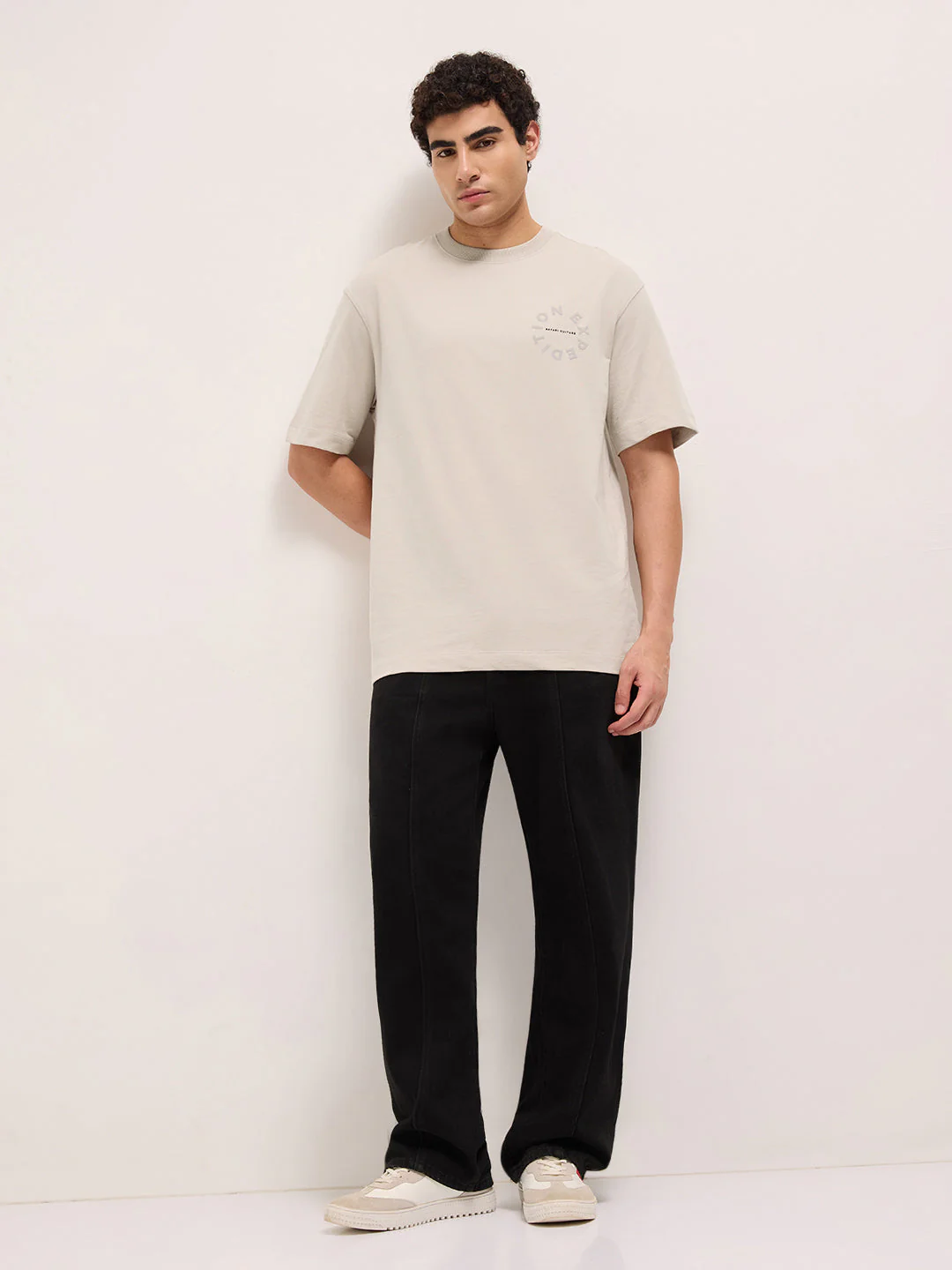 Cream Crew Neck Graphic Print T-Shirt with Leopard Illustration on Back - Image 4
