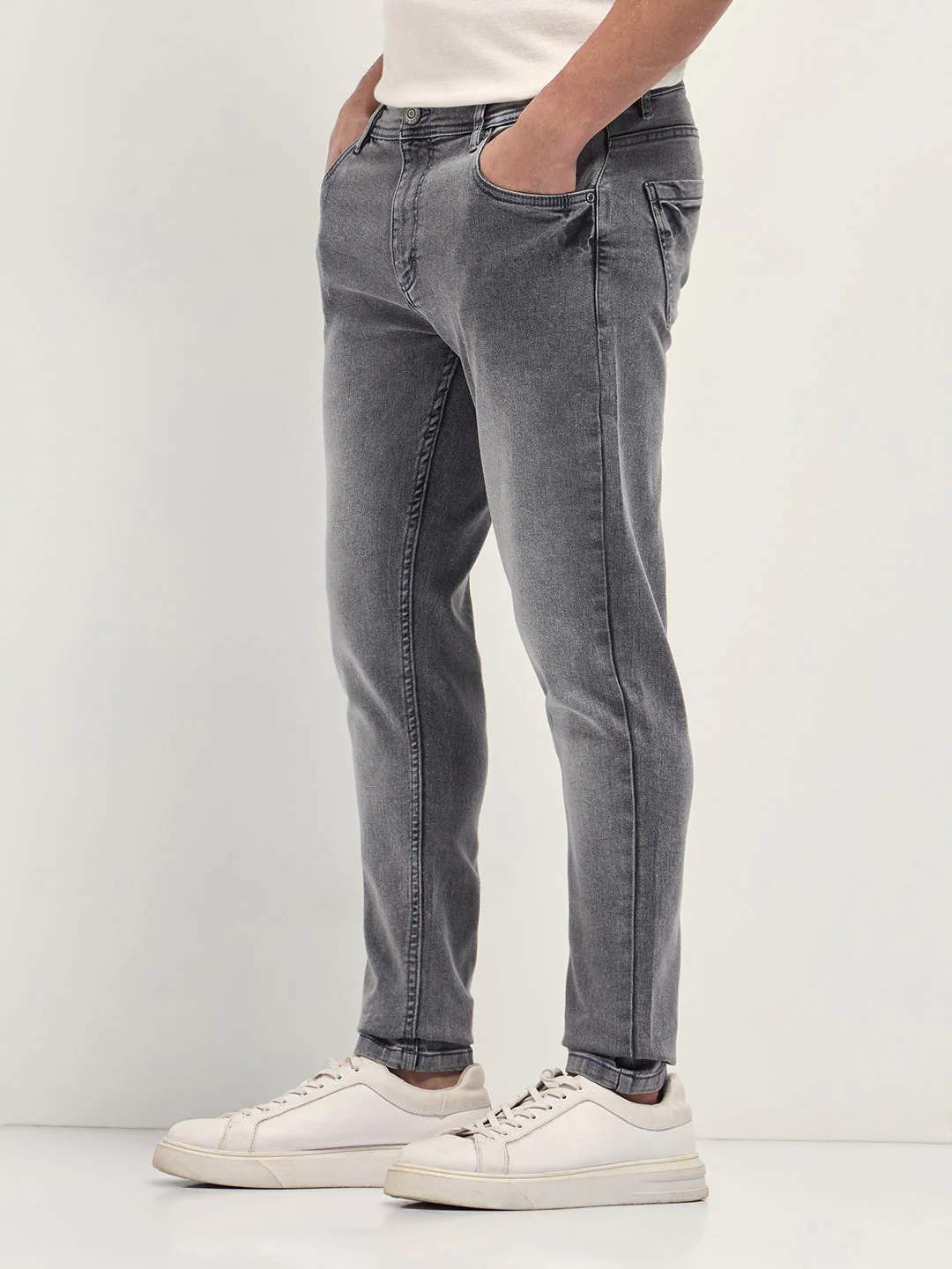 Light Grey Mid-Rise Skinny Fit Jeans with Light Fade - Image 3