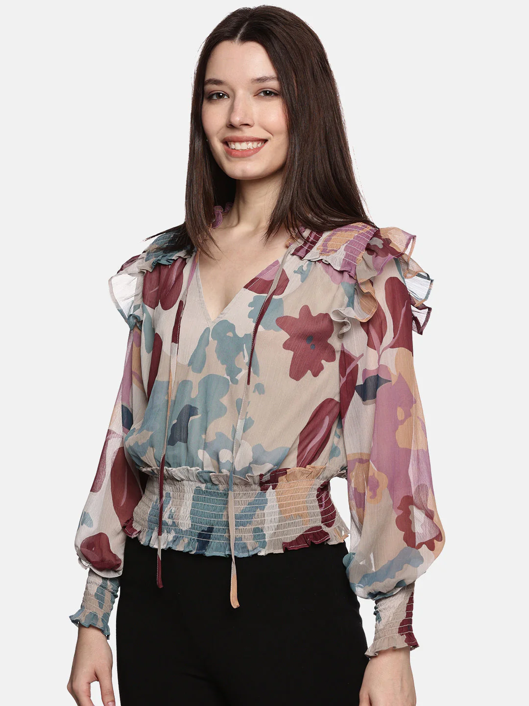 IS.U Floral Abstract Smocked- Sleeve Top - Image 4