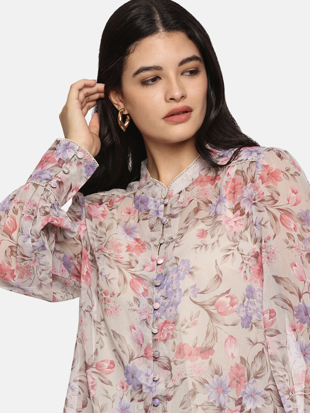 IS.U Floral Beige Cuffed Sleeve Lace Top - Image 8
