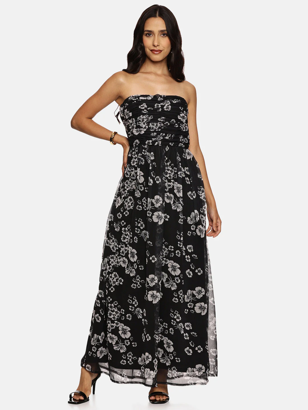 IS.U Floral Black Front Gathered Maxi Dress - Image 5