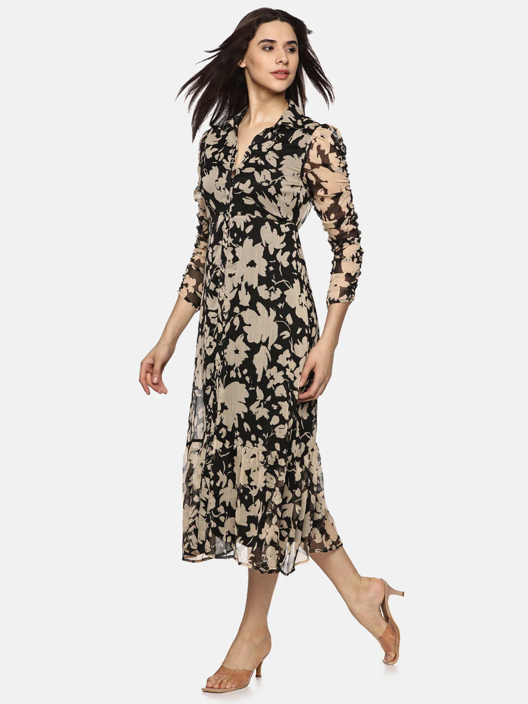 IS.U Floral Black Ruched Sleeve Midaxi Dress - Image 4