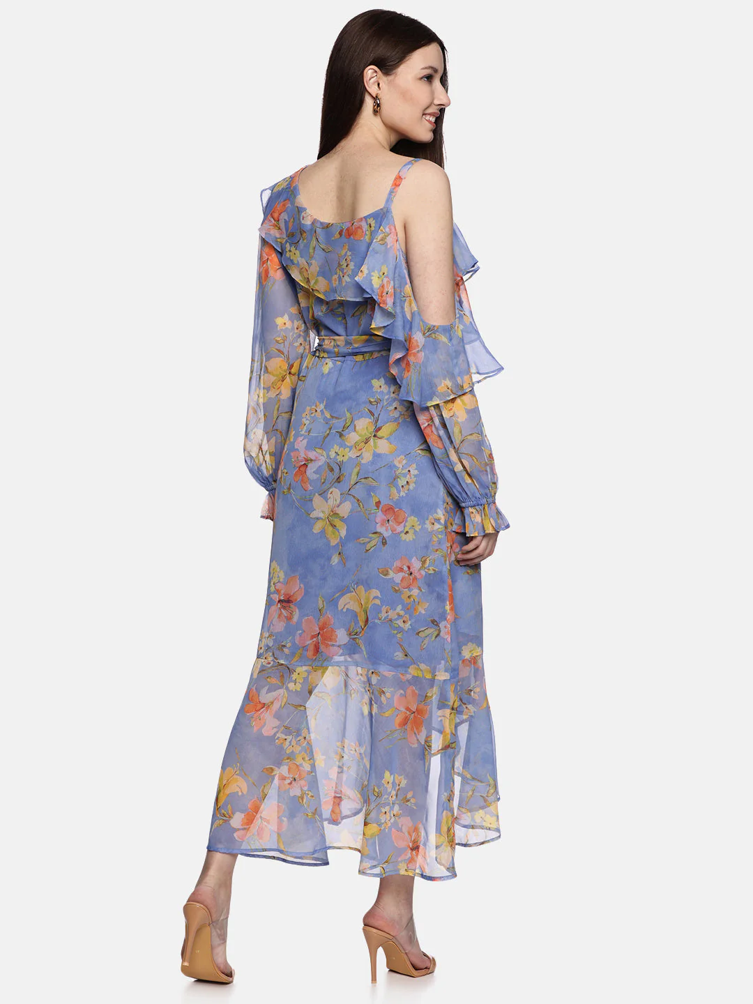 IS.U Floral Blue Ruffle Wrap Dress - Image 3