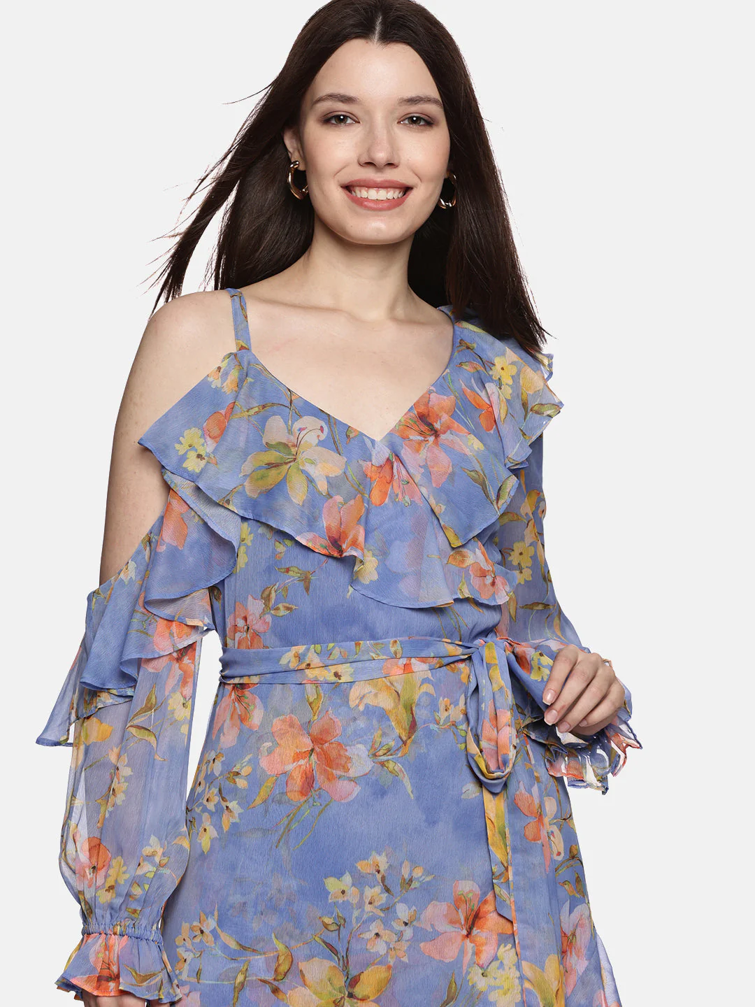 IS.U Floral Blue Ruffle Wrap Dress - Image 4