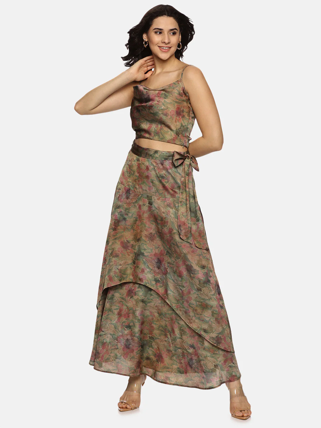 IS.U Floral Brown Cowl Neck Crop Top - Image 4