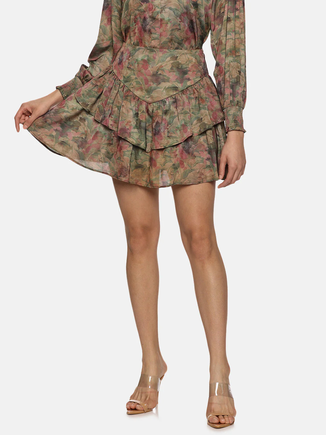 IS.U Floral Brown Ruffle Mini Skirt - Image 3