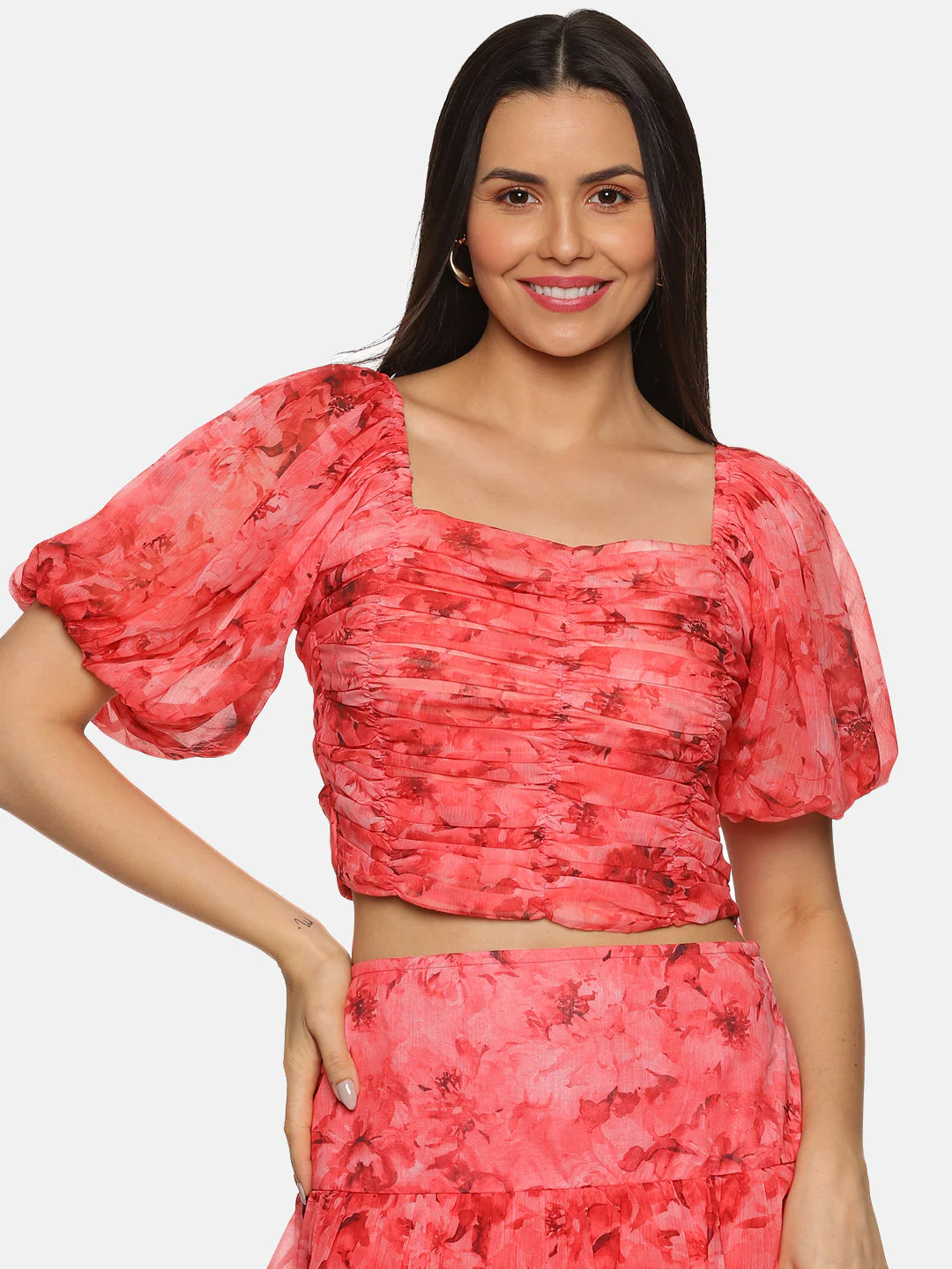 IS.U Floral Coral Ruching Detail Co-ord Set - Image 3