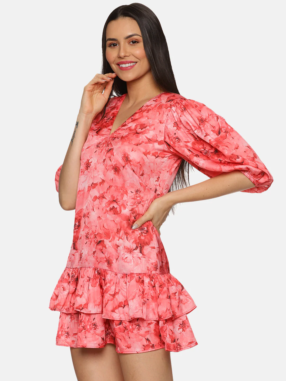 IS.U Floral Coral Two Tiered Ruffle Mini Dress - Image 4