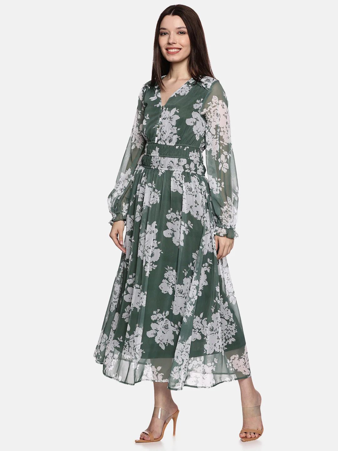 IS.U Floral Green Blouson Sleeve Maxi Dress - Image 3