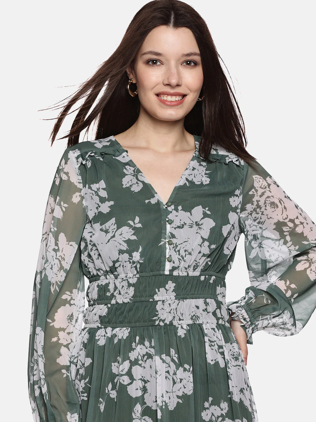 IS.U Floral Green Blouson Sleeve Maxi Dress - Image 6