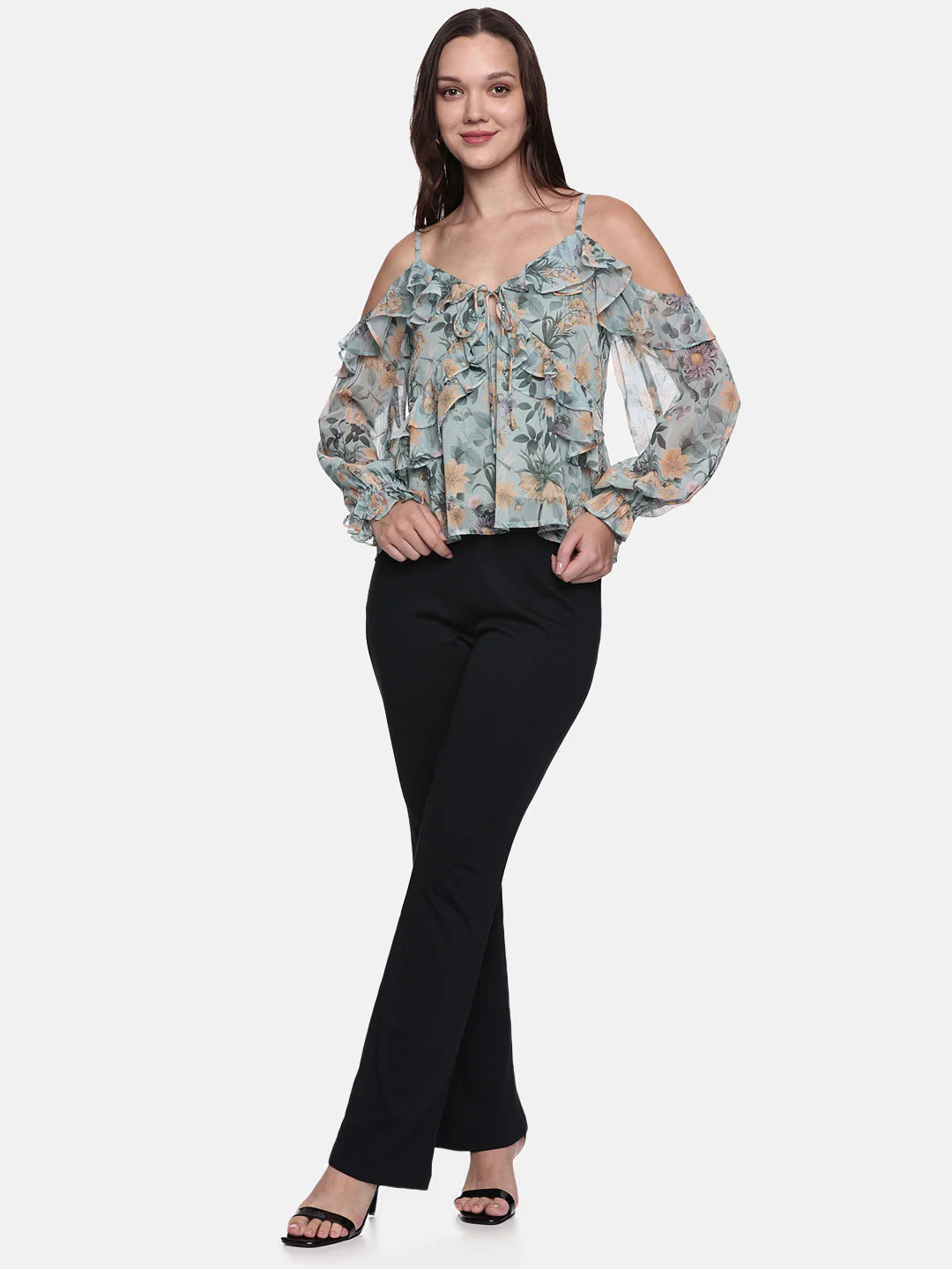 IS.U Floral Green Cold Shoulder Top - Image 5
