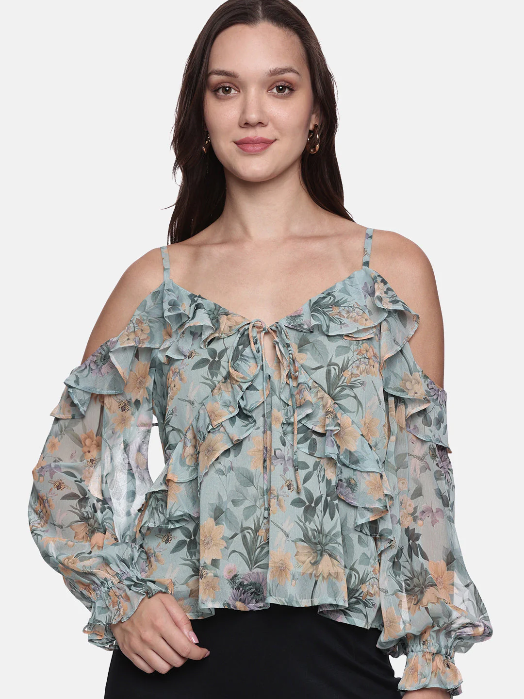 IS.U Floral Green Cold Shoulder Top - Image 6