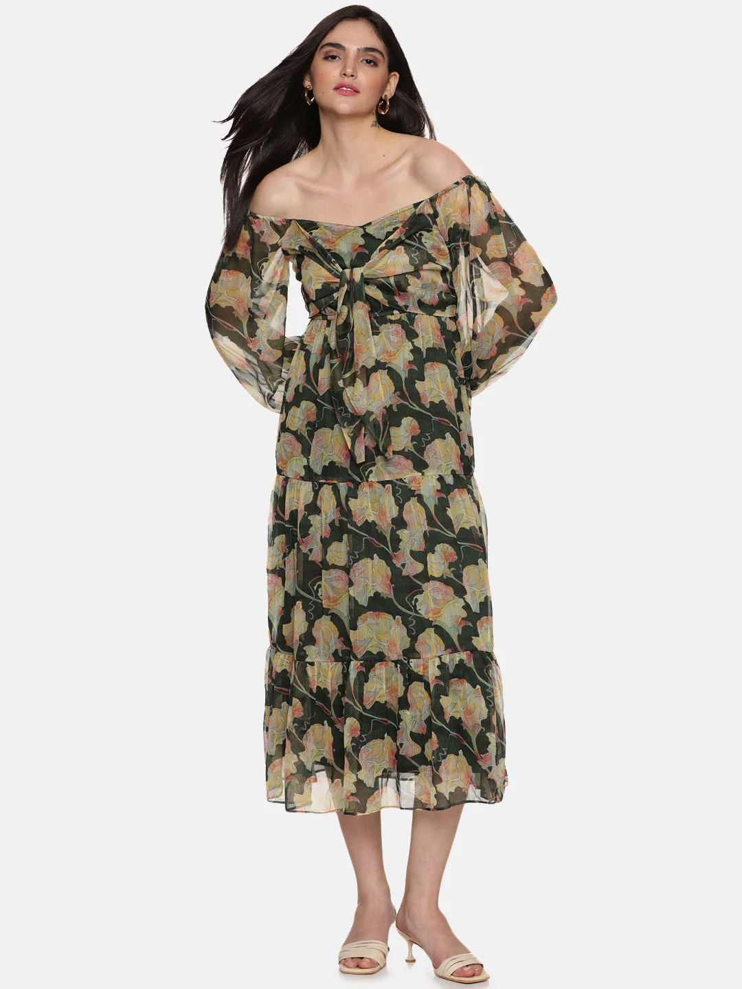 IS.U Floral Green Front Tie Knot Midaxi Dress - Image 4