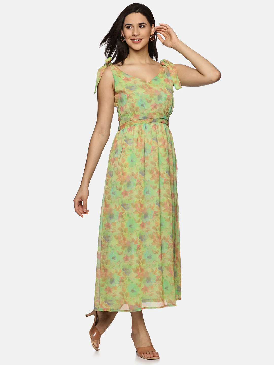 IS.U Floral Green Tie-up Detailed Maxi Dress - Image 6