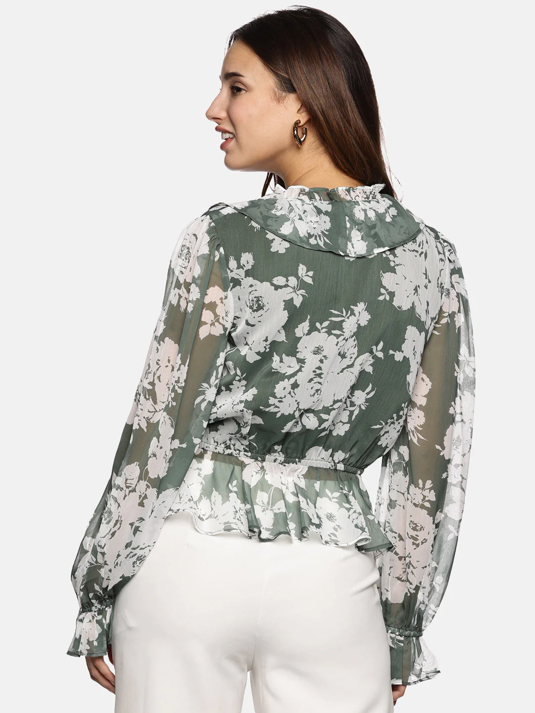 IS.U Floral Green V-Neck Blouson Sleeve Top - Image 6