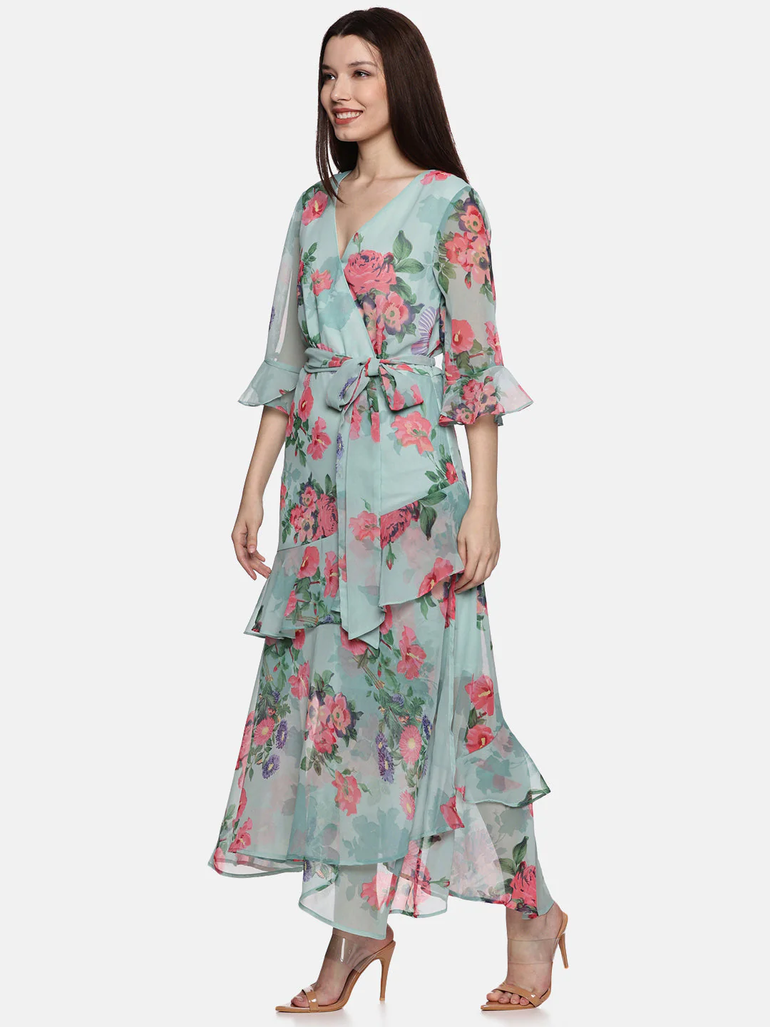 IS.U Floral Green Wrap Short Sleeve Dress - Image 4