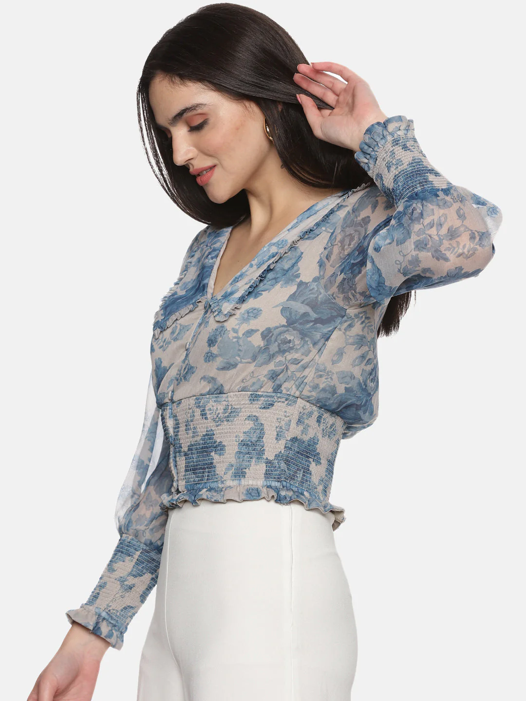 IS.U Floral Grey Smocking Crop Top - Image 3