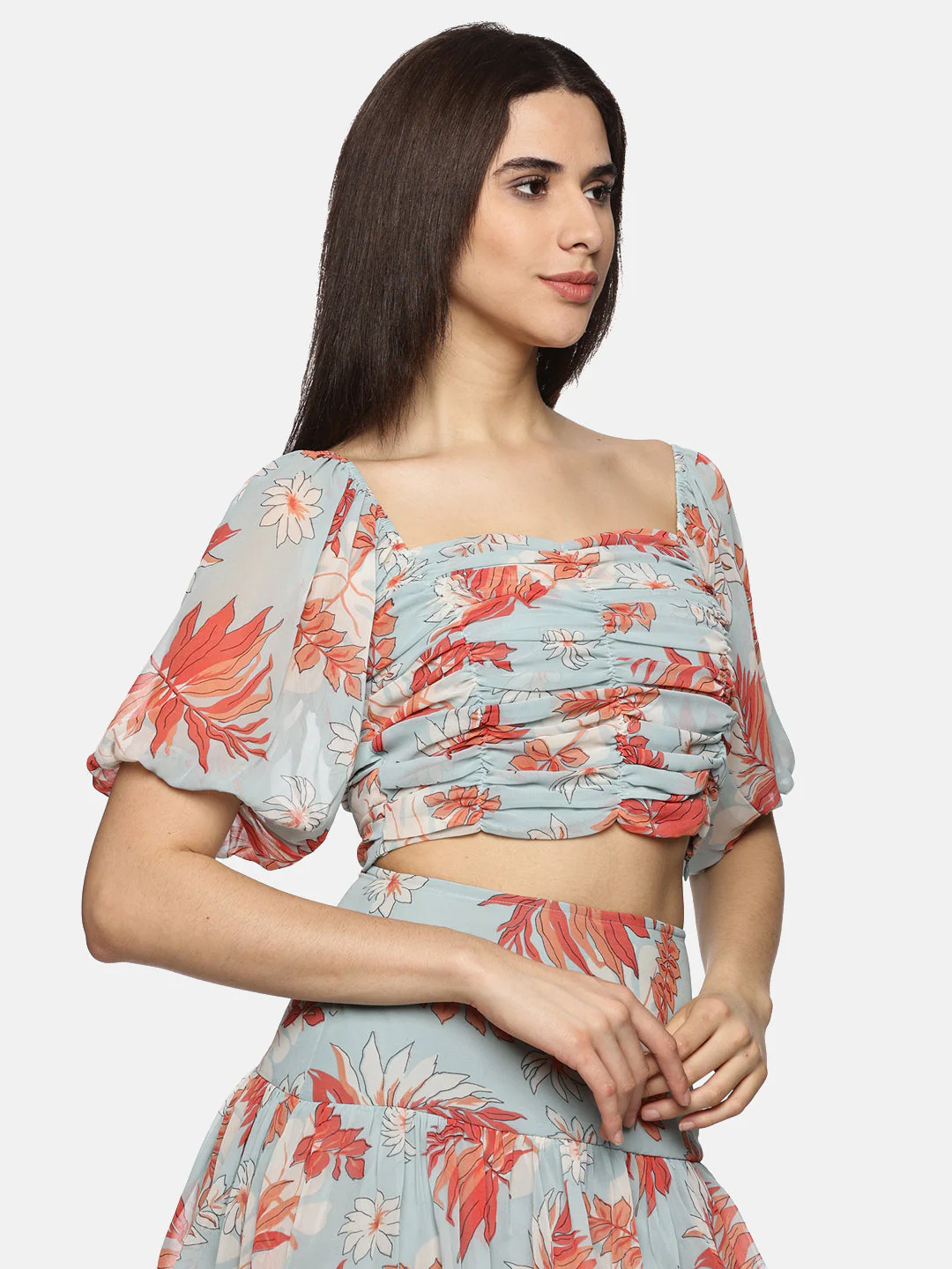 IS.U Floral light Blue Rushing Detail Crop Top - Image 2