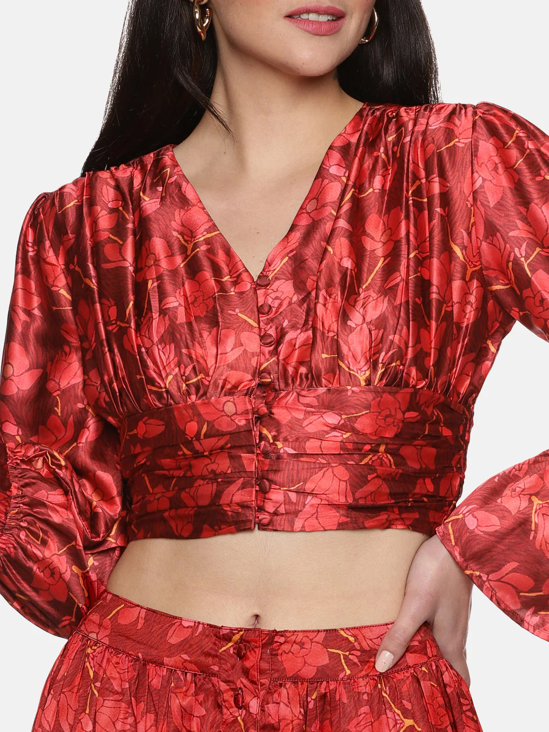 IS.U Floral Maroon Button Down Crop Top - Image 5