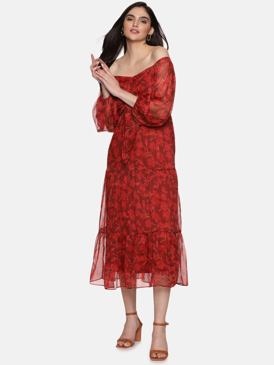 IS.U Floral Maroon Front Tie Knot Midaxi Dress - Image 4
