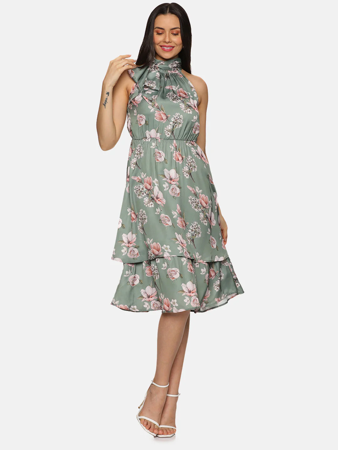 IS.U Floral Olive Halter Tie Neck Midi Dress - Image 3