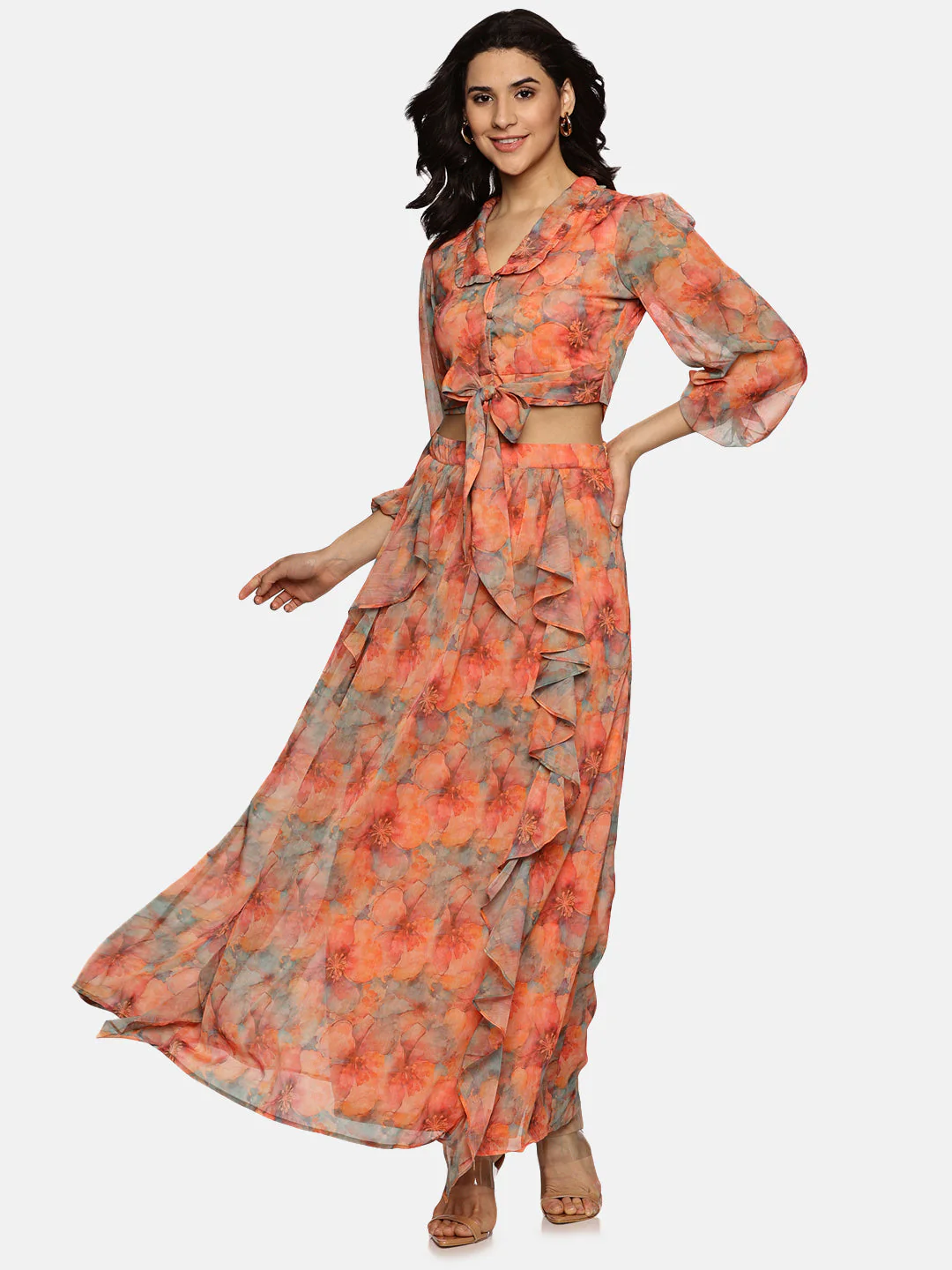 IS.U Floral Orange Flare Detail Co-ord Set - Image 3