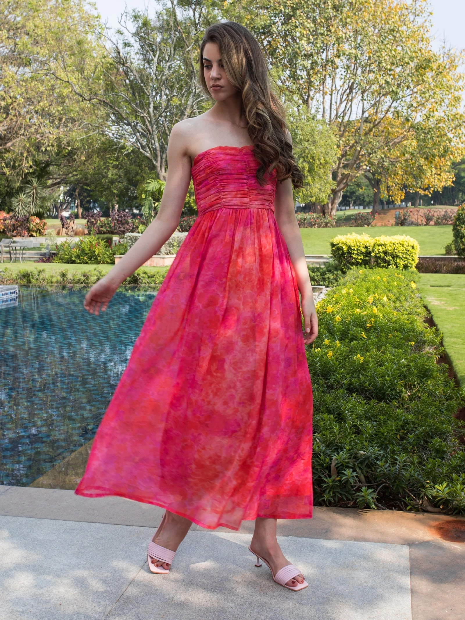 IS.U Floral Pink Front Gathered Maxi Dress - Image 3