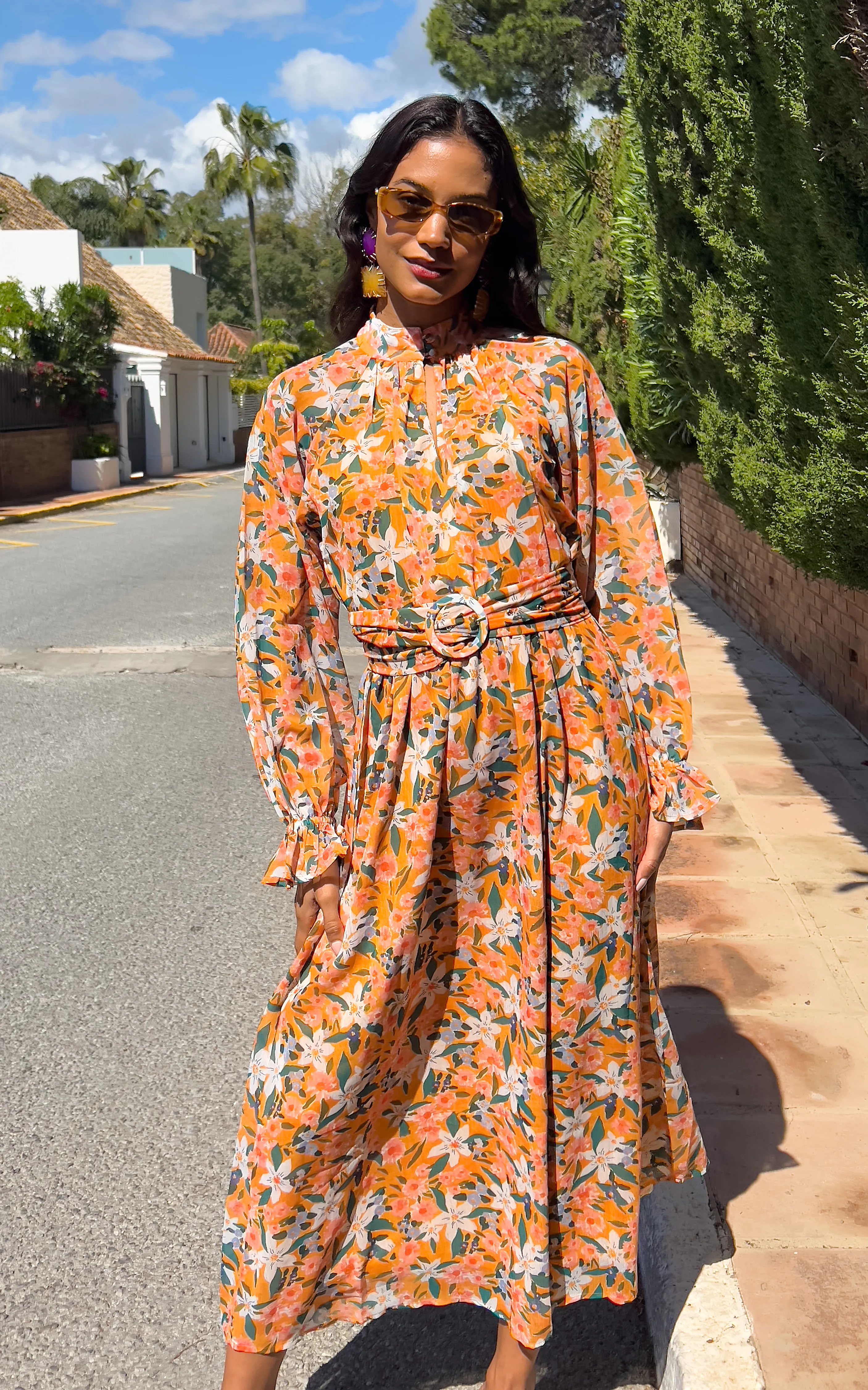 IS.U Floral Yellow Belted Blouson Sleeve Dress - Image 2