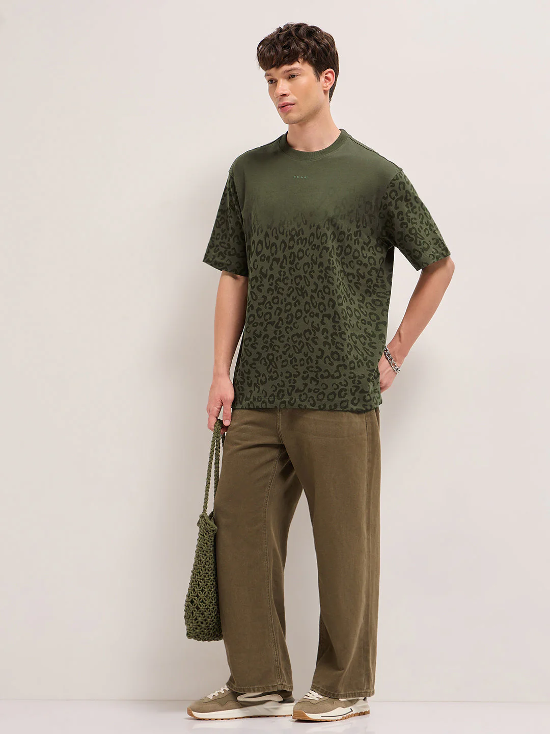 Olive Oversized Crew Neck T-Shirt with Gradient Tonal Leopard Print - Image 4