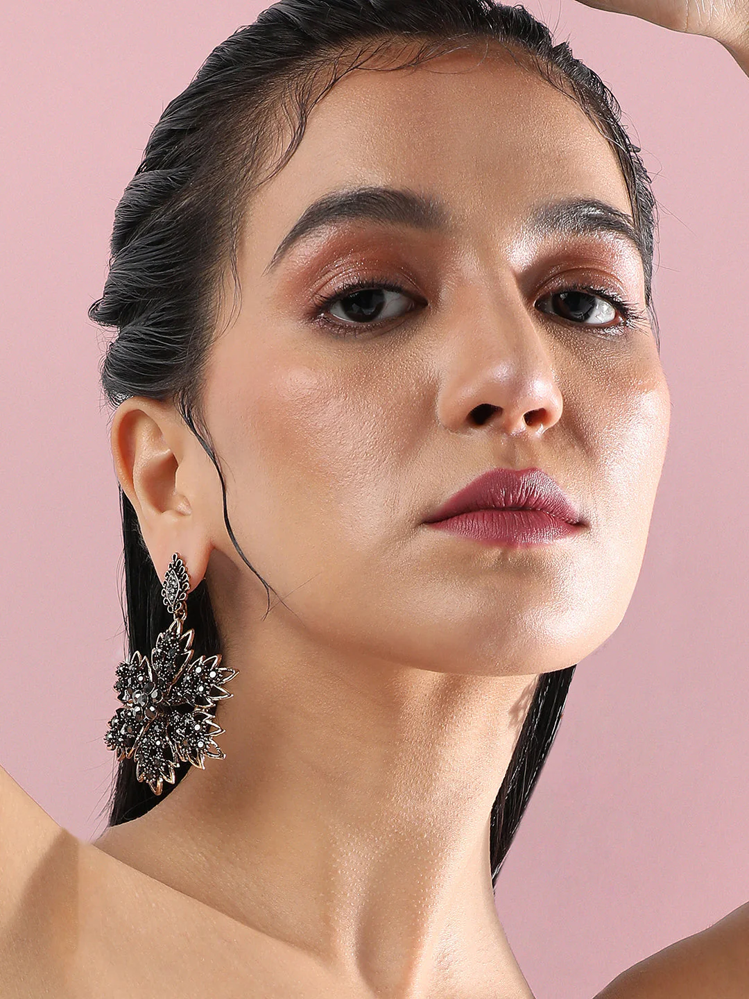 Gold-Plated Artificial Stones Studded Drop Earrings - Image 2