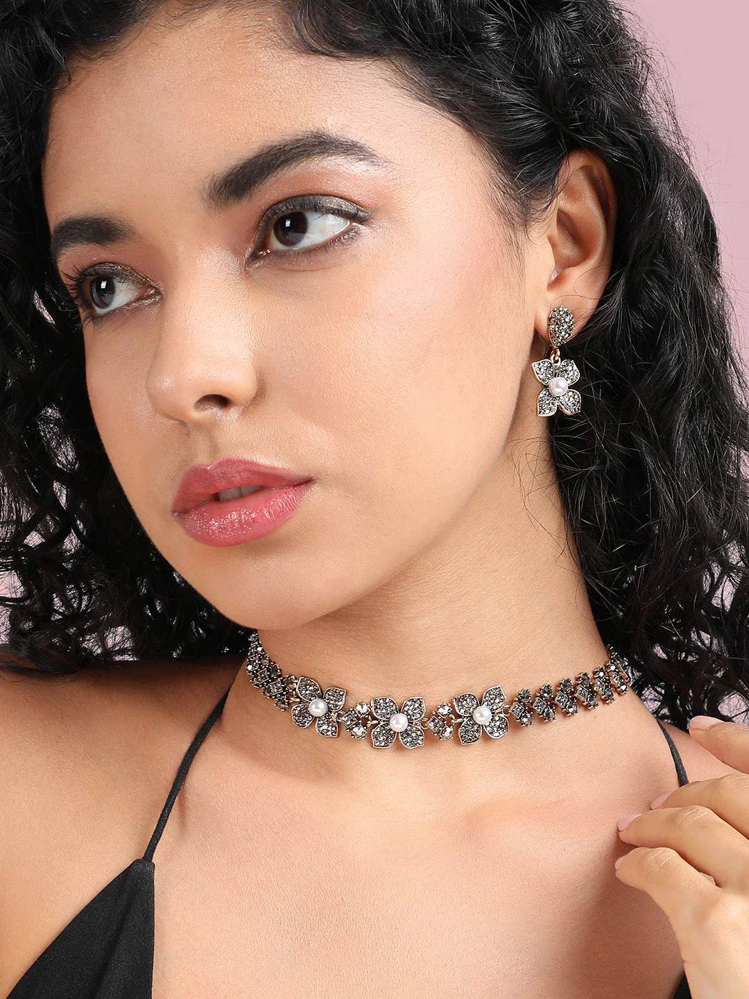 Gold-Plated Crystal-Stones Studded Flower Statement Jewellery Set - Image 2