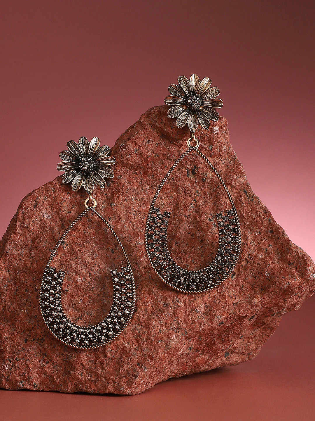 Gold-Plated Crystal Studded Floral Teardrop Shaped Drop Earrings