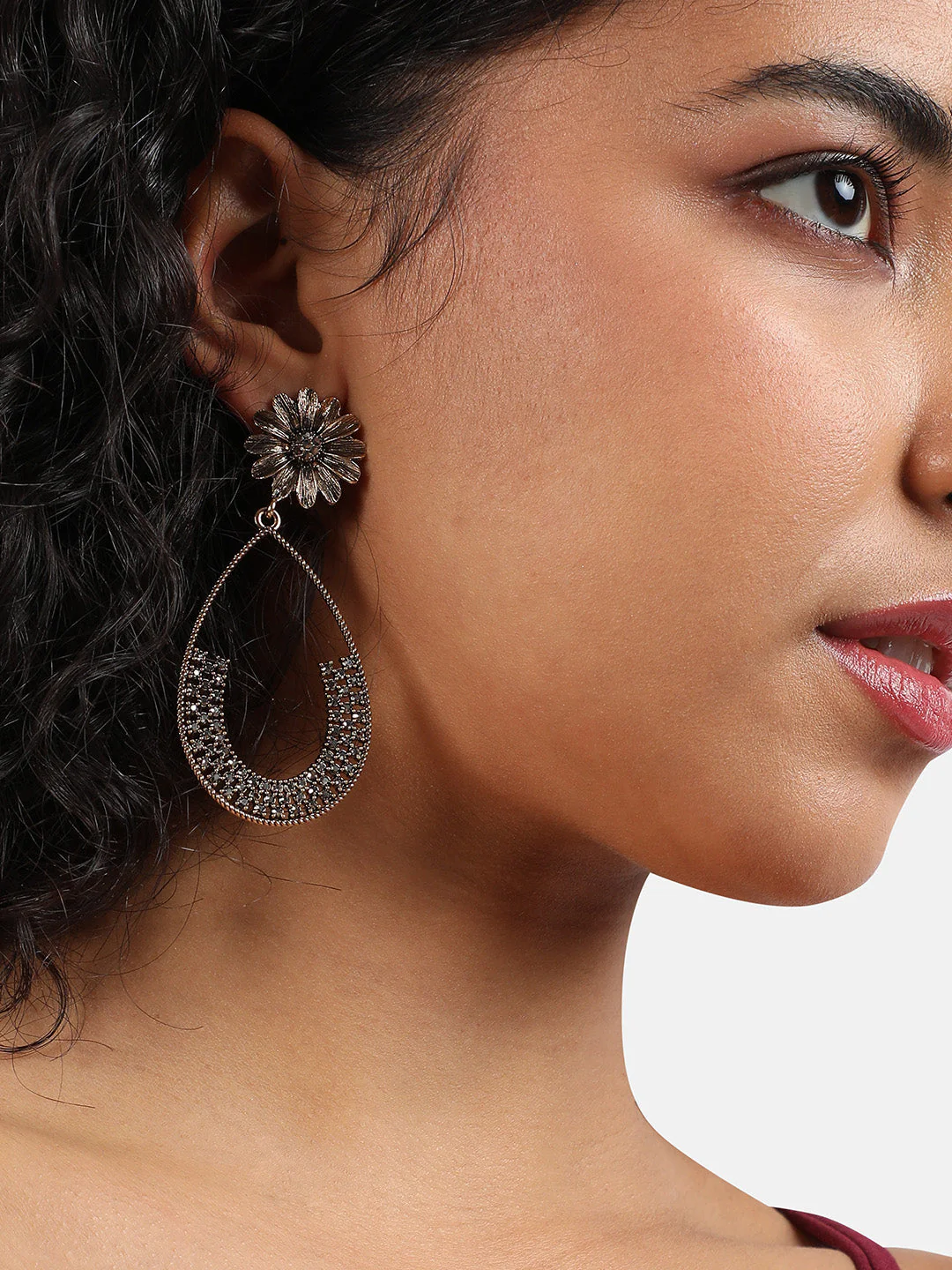Gold-Plated Crystal Studded Floral Teardrop Shaped Drop Earrings - Image 3