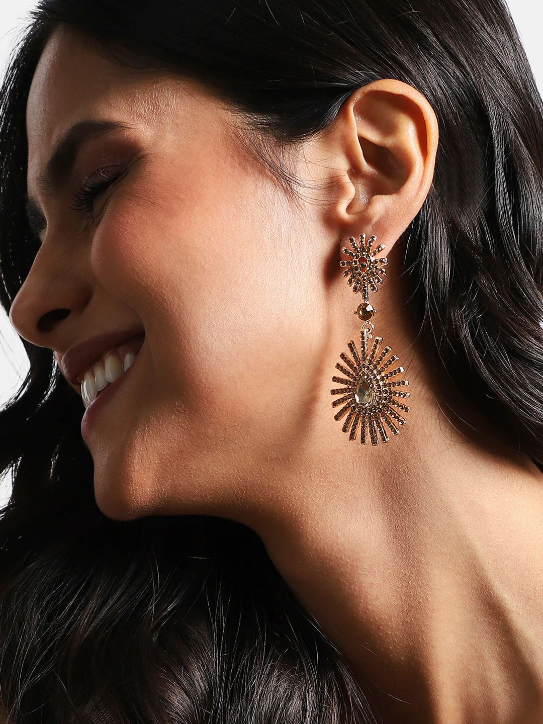 Gold Plated Stone Studded Contemporary Drop Earrings - Image 3