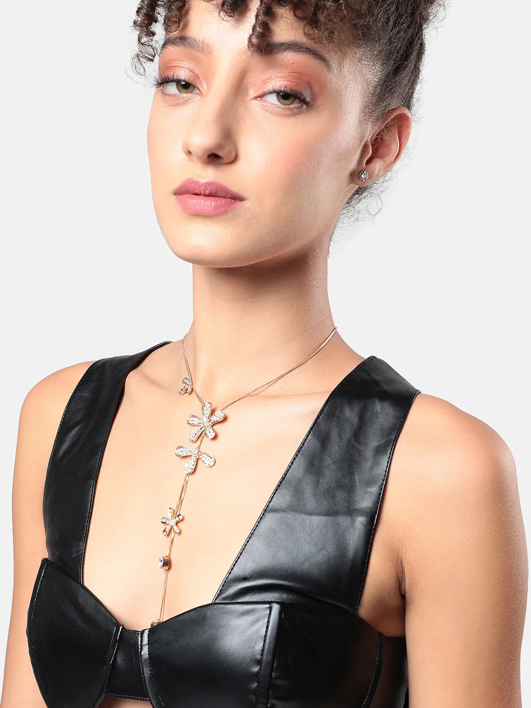 Gold-Plated Studded Designer Party Flower Drop Negligee Necklace - Image 3