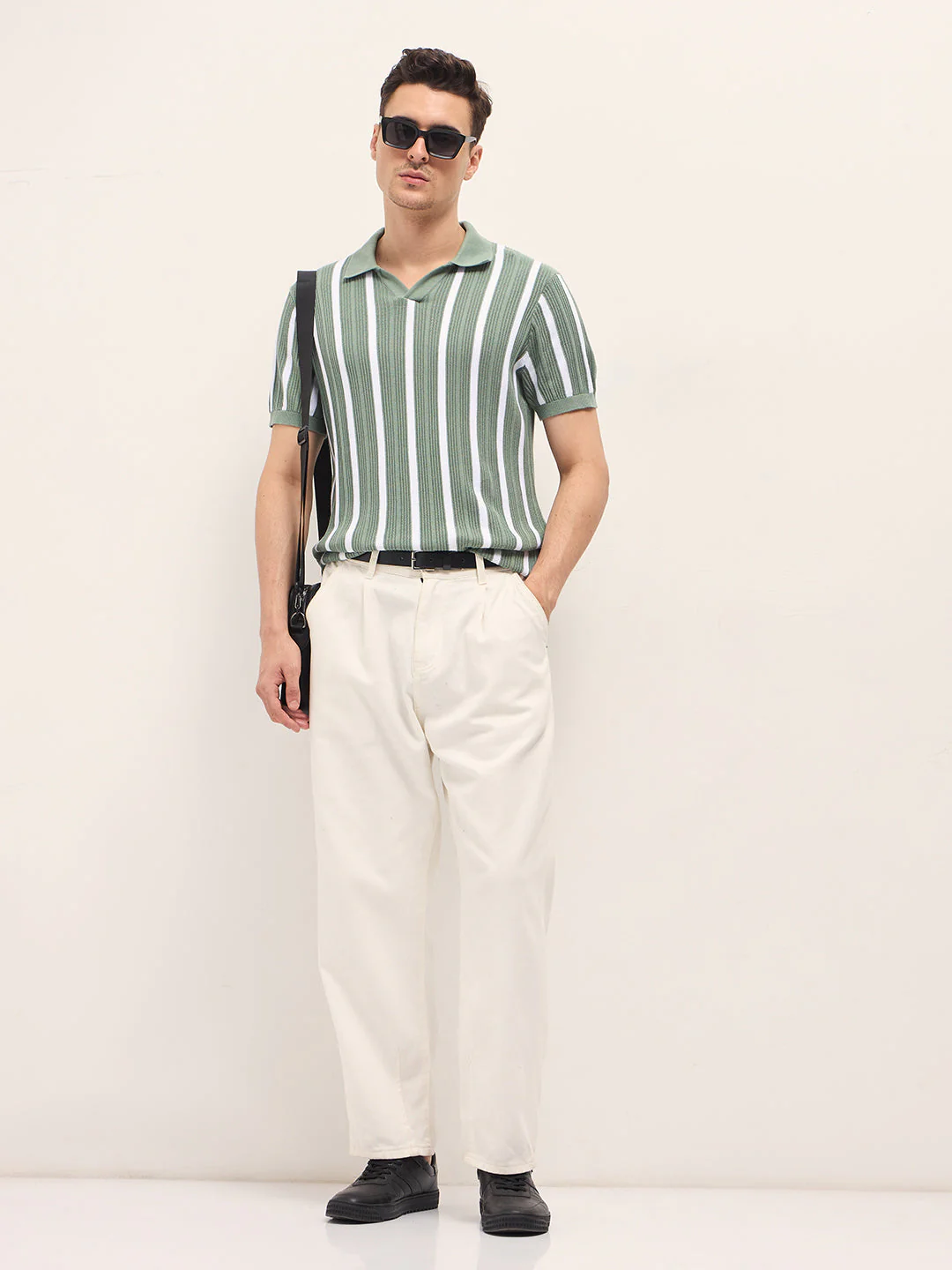 Green Textured Vertical Stripes Regular Fit Polo - Image 4