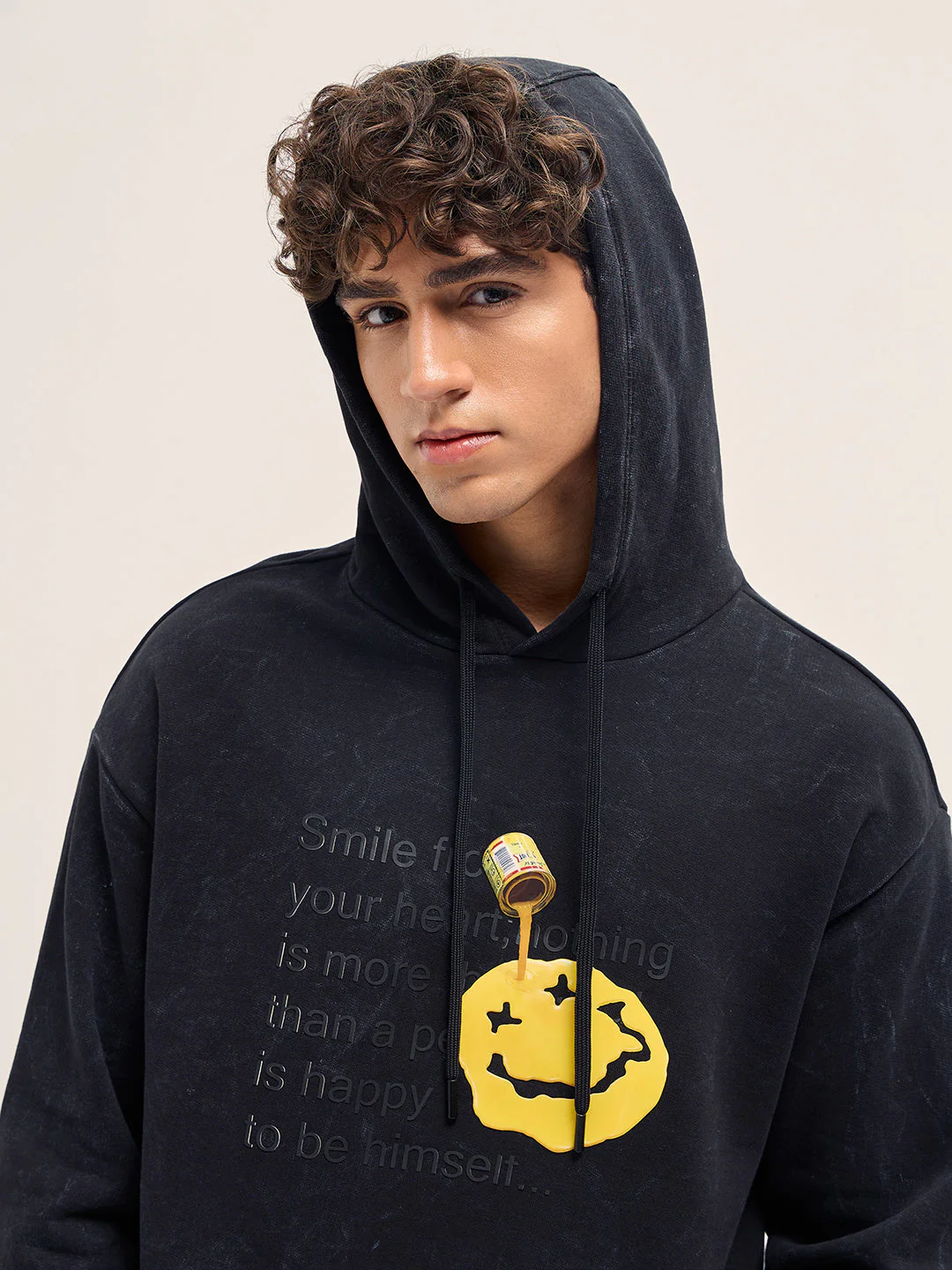 Black Relaxed Fit Hoodie with 3D Smiley and Embossed Text Design - Image 6