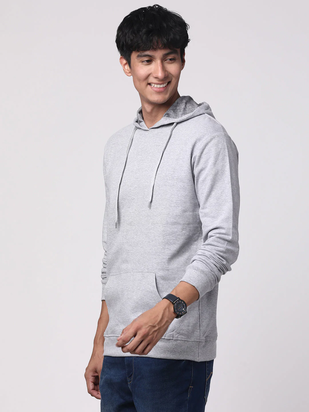 Cotton Solid Grey Hoodie - Image 3