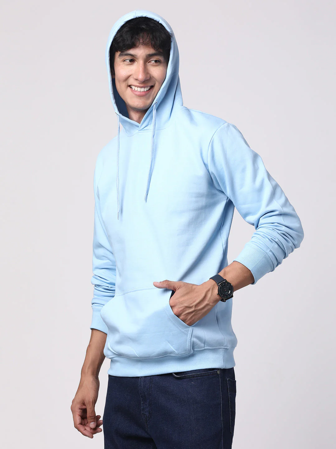 Cotton Solid Sky Blue Hoodie - Image 3